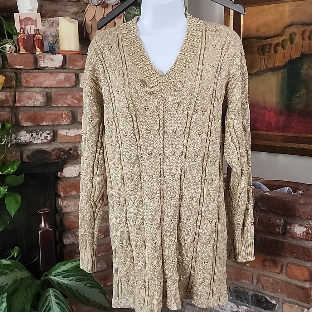 Vintage 90s Gold Cable Knit V-Neck Sweater Soft Academia Grandpacore